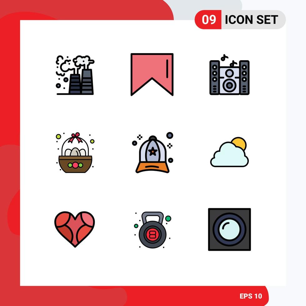 9 Thematic Vector Filledline Flat Colors and Editable Symbols of fashion cap speaker accessories easter Editable Vector Design Elements