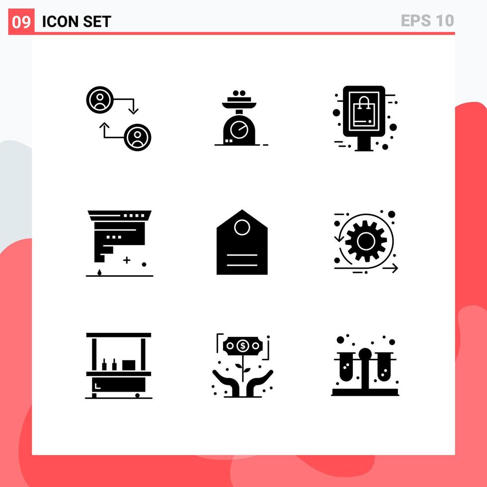 Pack of 9 creative Solid Glyphs of tag ink board development coding Editable Vector Design Elements