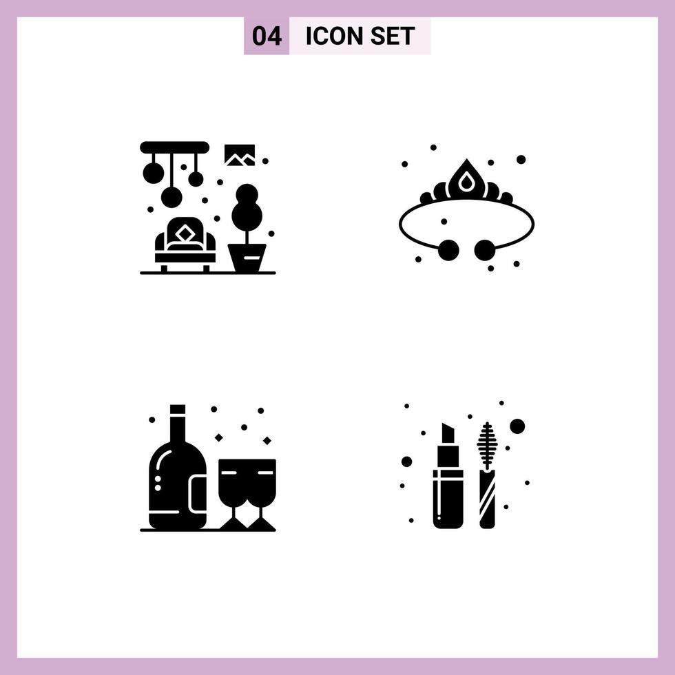 Pack of 4 Modern Solid Glyphs Signs and Symbols for Web Print Media such as home birthday crown jewelry bottle Editable Vector Design Elements