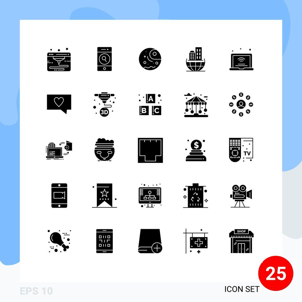 Mobile Interface Solid Glyph Set of 25 Pictograms of internet of things laptop gas sustainable architecture Editable Vector Design Elements