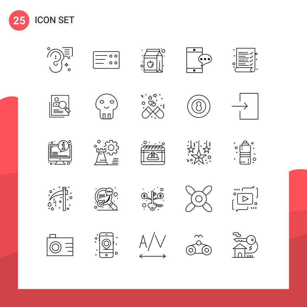 Pictogram Set of 25 Simple Lines of employee exam juice audit chatting Editable Vector Design Elements