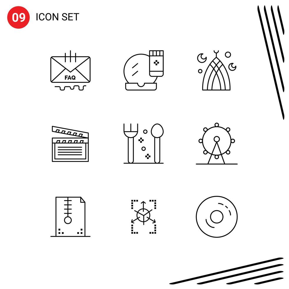 Mobile Interface Outline Set of 9 Pictograms of usa movis makeover american mosque Editable Vector Design Elements