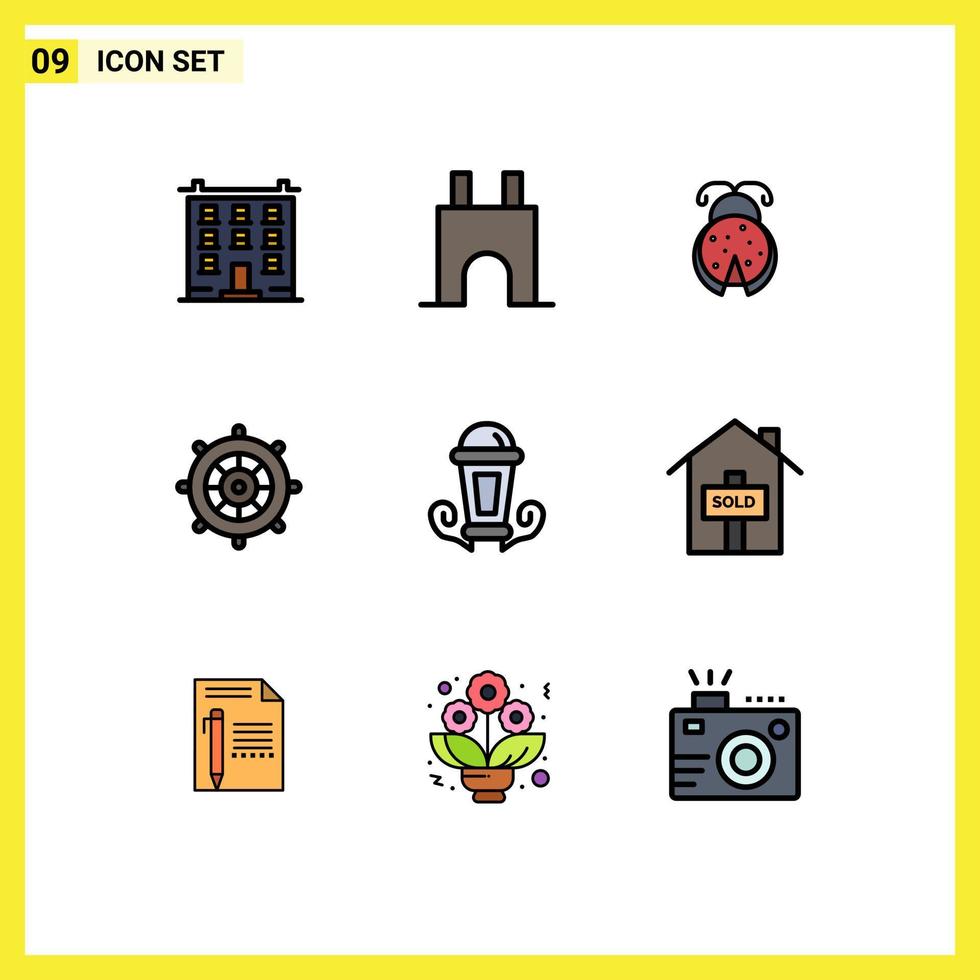 Set of 9 Modern UI Icons Symbols Signs for steering the boat holiday fortress beach ladybug Editable Vector Design Elements