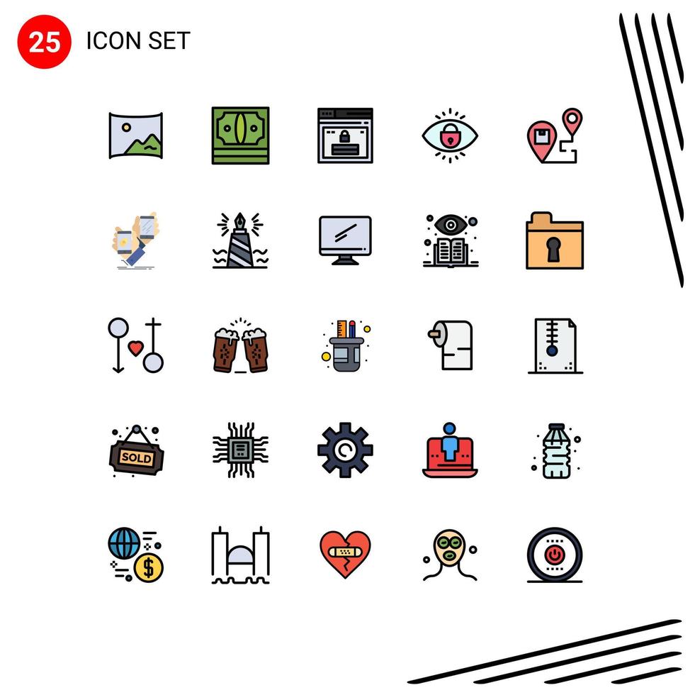 Group of 25 Filled line Flat Colors Signs and Symbols for lock internet stack eye website Editable Vector Design Elements