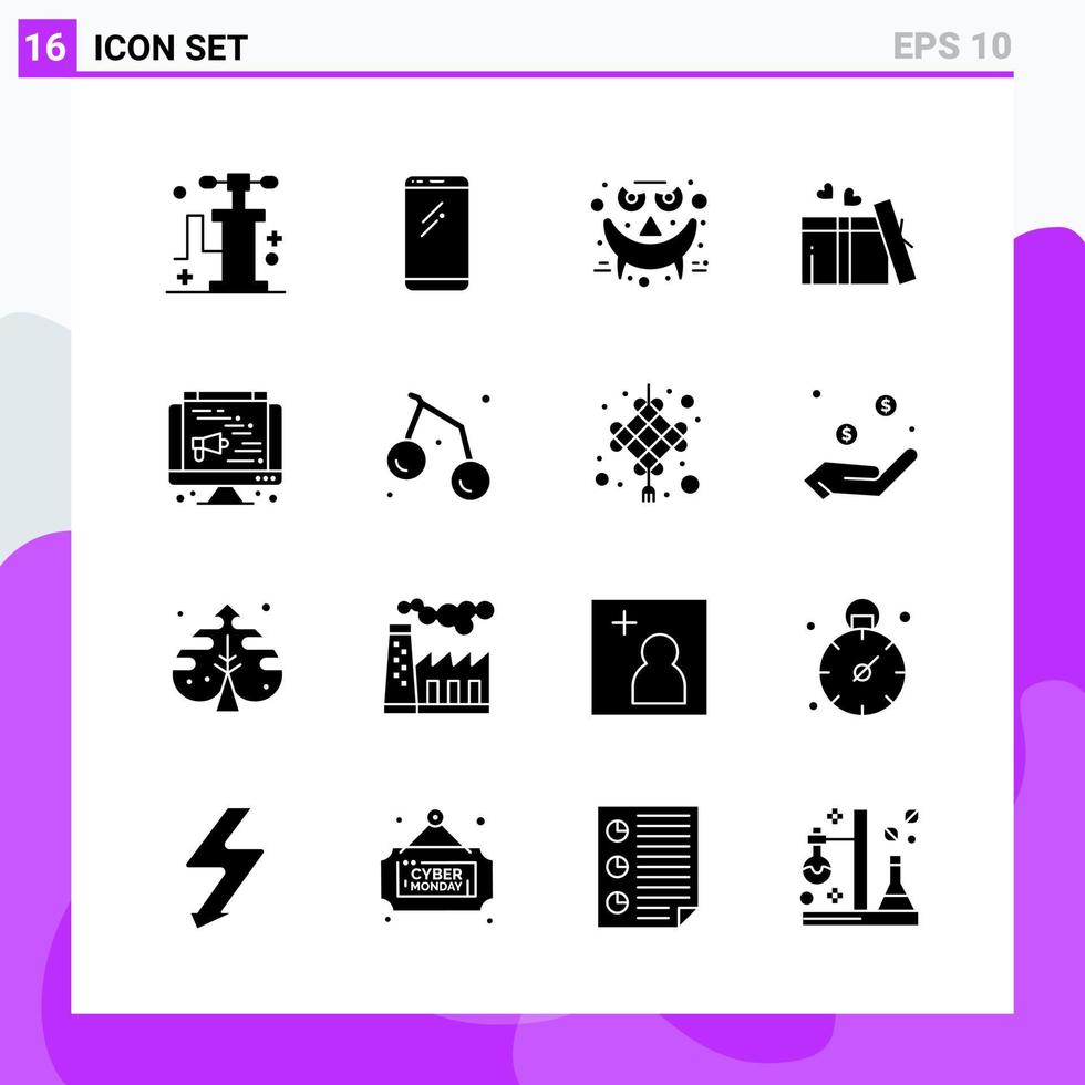 Set of 16 icons in solid style Creative Glyph Symbols for Website Design and Mobile Apps Simple Solid Icon Sign Isolated on White Background 16 Icons vector