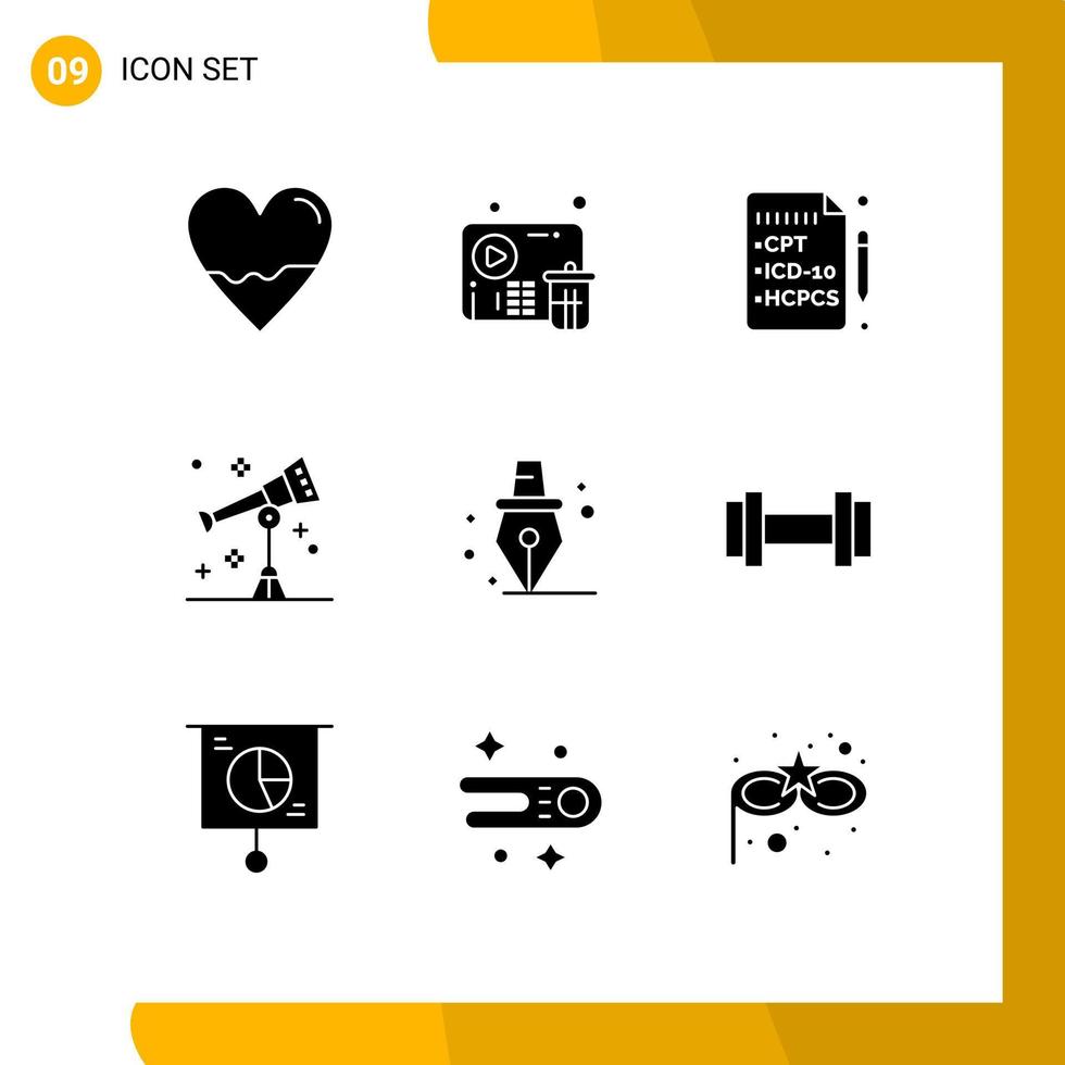 Universal Icon Symbols Group of 9 Modern Solid Glyphs of pen telescope player space astronomy Editable Vector Design Elements