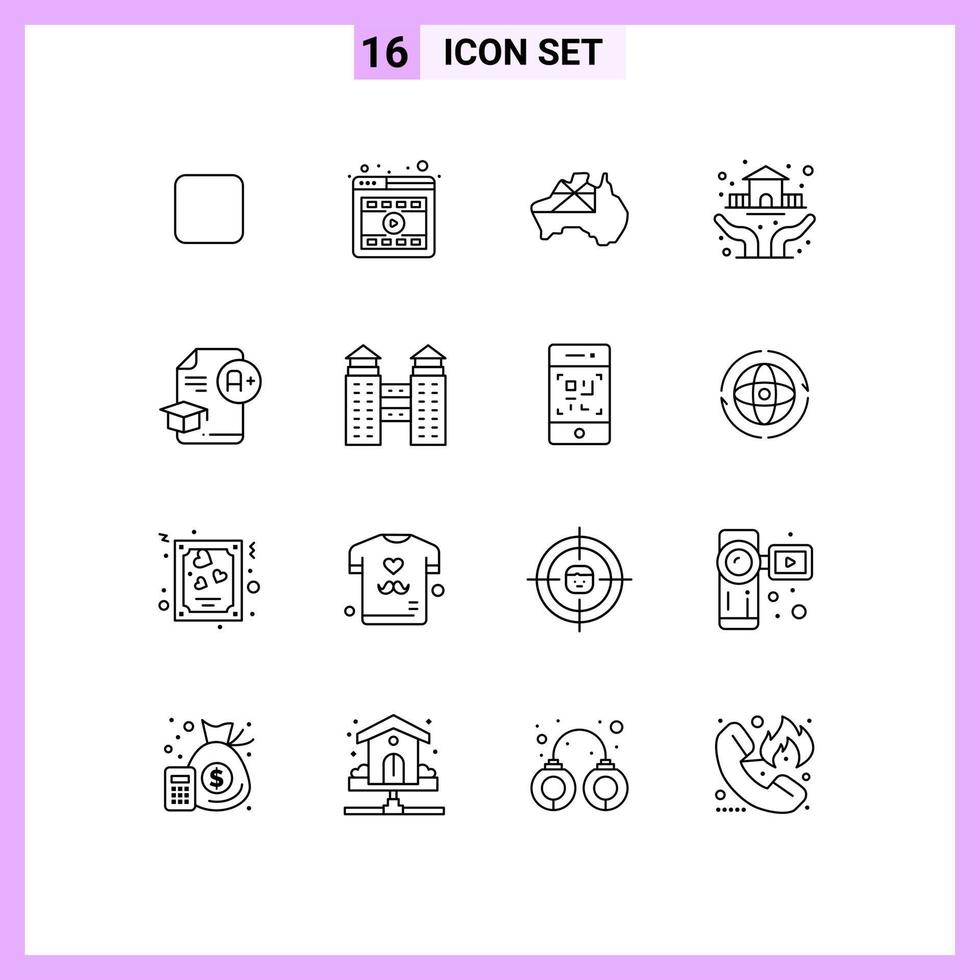 Set of 16 Modern UI Icons Symbols Signs for education document map insurance hands Editable Vector Design Elements