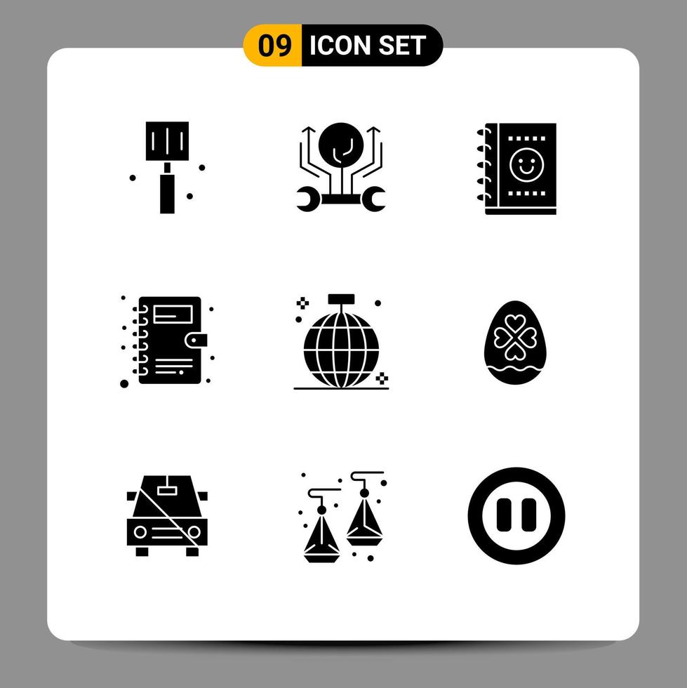 9 Solid Glyph concept for Websites Mobile and Apps club ball hacking phone book book Editable Vector Design Elements