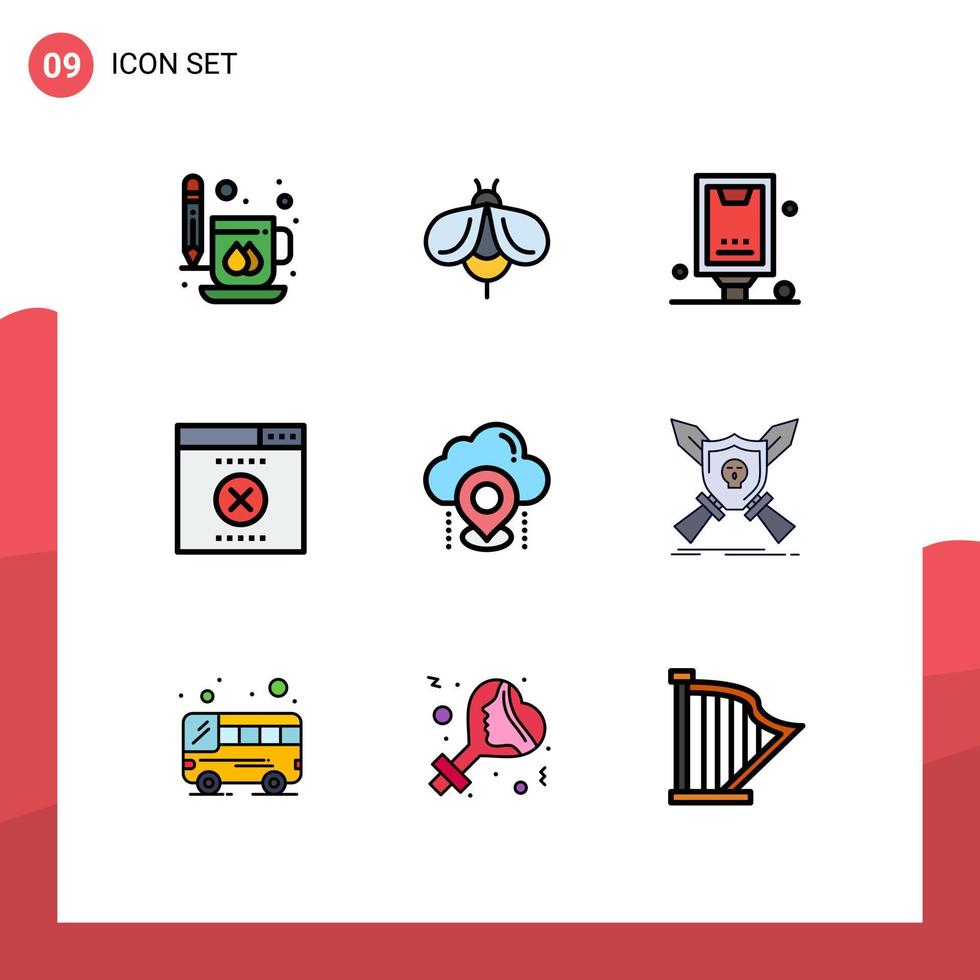 Universal Icon Symbols Group of 9 Modern Filledline Flat Colors of location seo bug error marketing Editable Vector Design Elements
