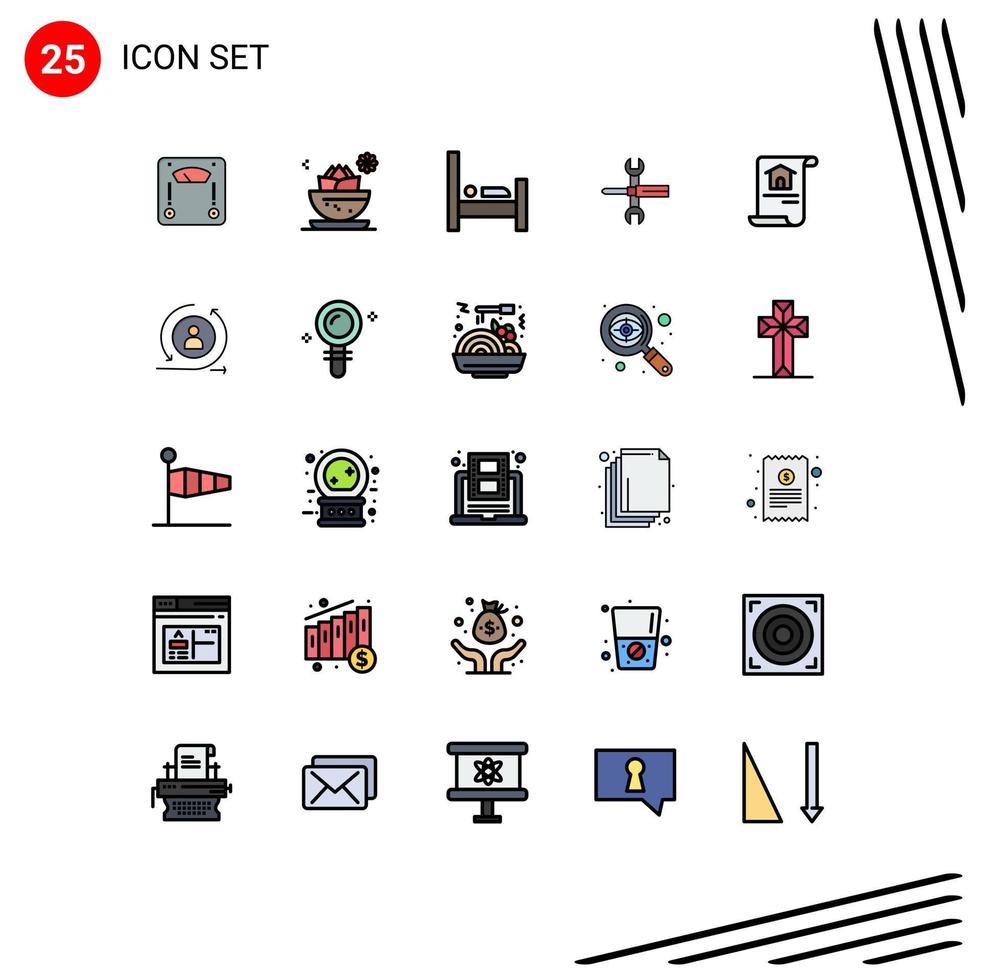 Pack of 25 Modern Filled line Flat Colors Signs and Symbols for Web Print Media such as tools screwdriver bowl controls sleep Editable Vector Design Elements