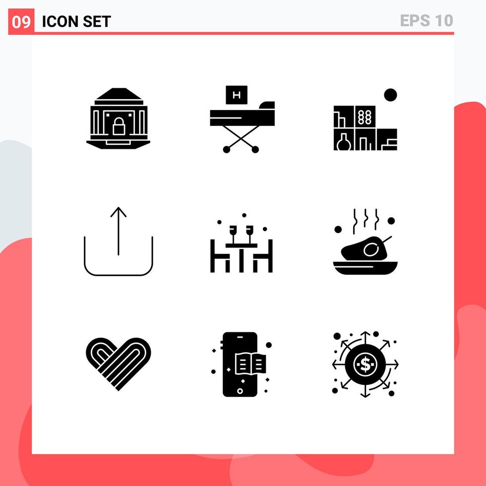 Universal Icon Symbols Group of 9 Modern Solid Glyphs of lunch upload form ui bookshelf Editable Vector Design Elements