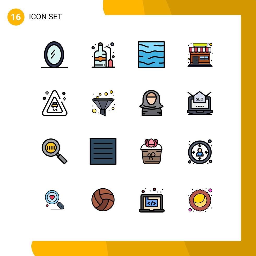 Editable Vector Line Pack of 16 Simple Flat Color Filled Lines of analysis road sea signaling shop Editable Creative Vector Design Elements