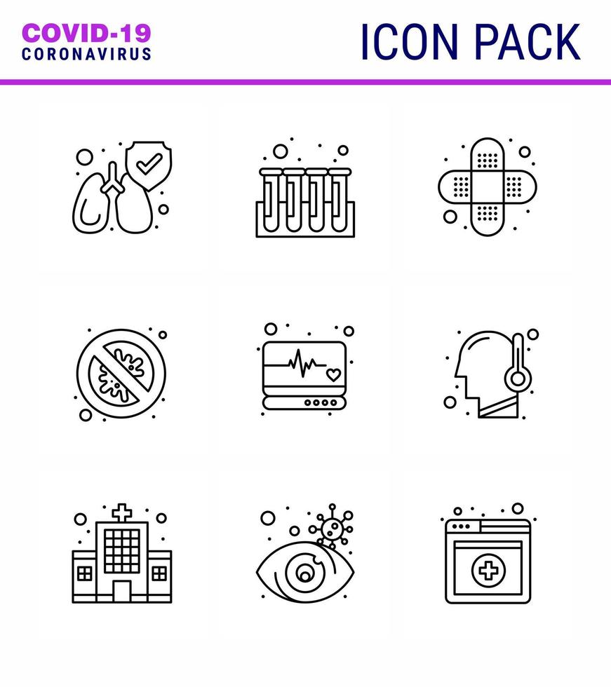 Coronavirus Precaution Tips icon for healthcare guidelines presentation 9 Line icon pack such as supervision emergency bandage danger security viral coronavirus 2019nov disease Vector Design Ele