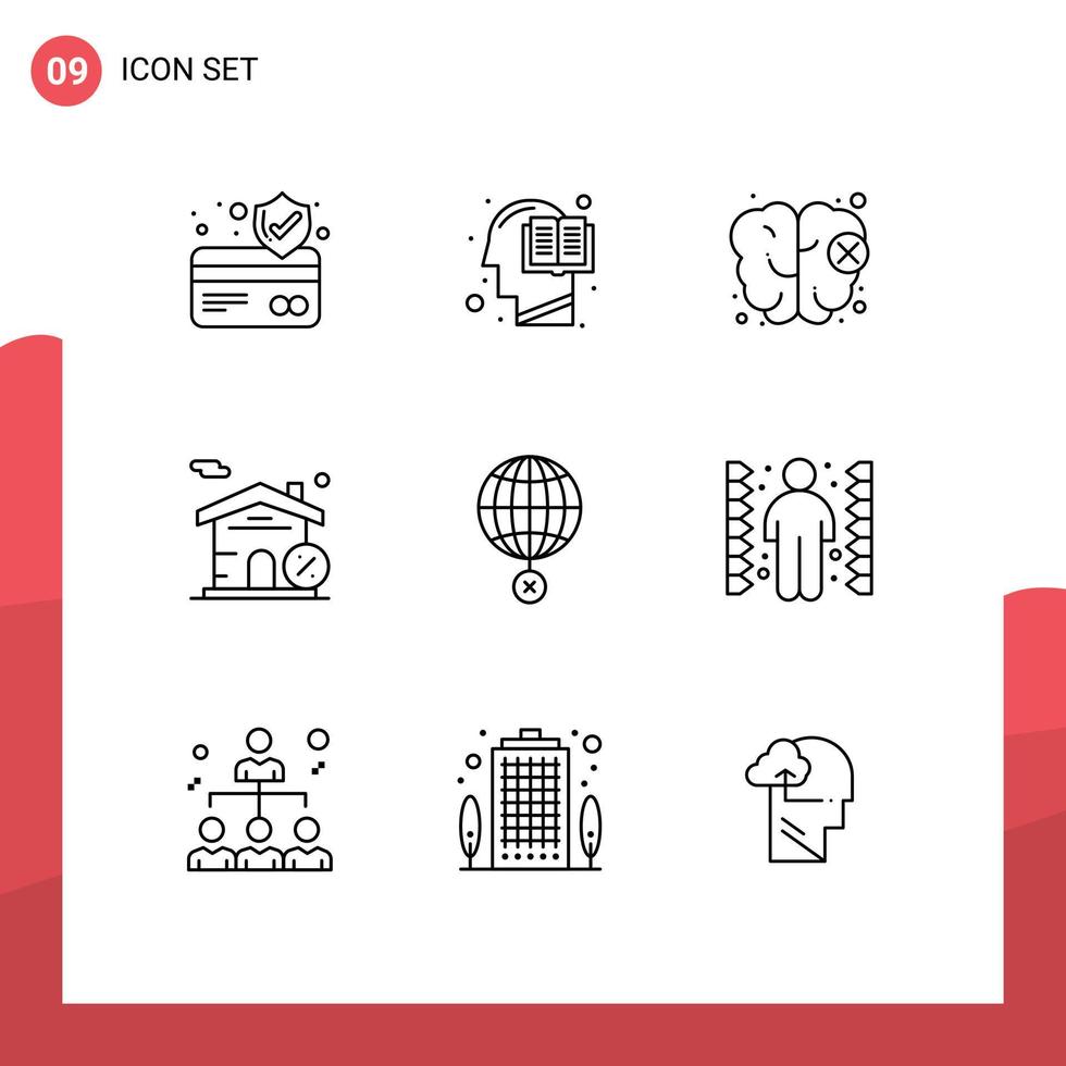 9 User Interface Outline Pack of modern Signs and Symbols of internet global brain earth house Editable Vector Design Elements