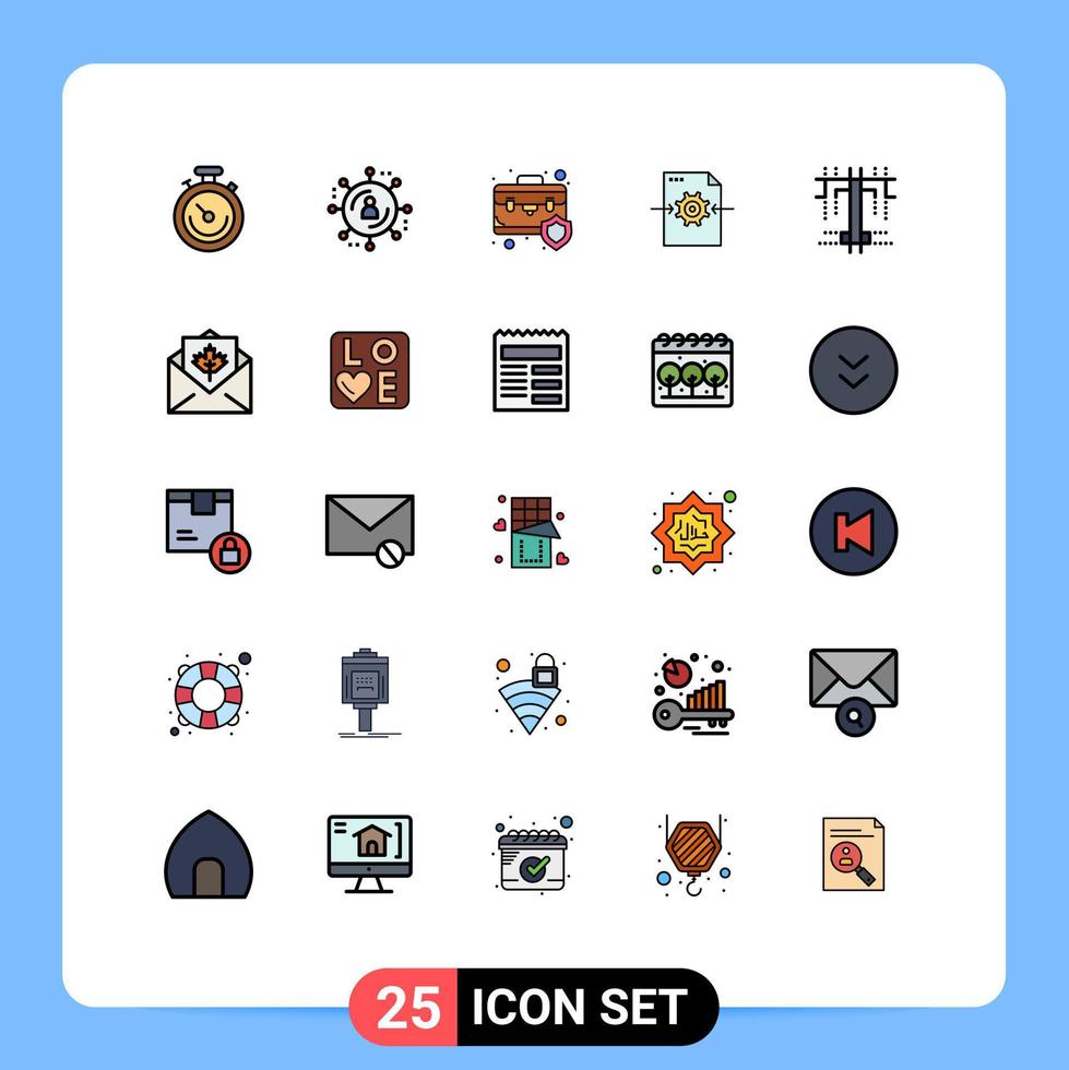conjunto de pictogramas de 25 colores planos de línea llena simple de elementos de diseño de vector editables de archivo de configuración de maletín de flecha de proceso
