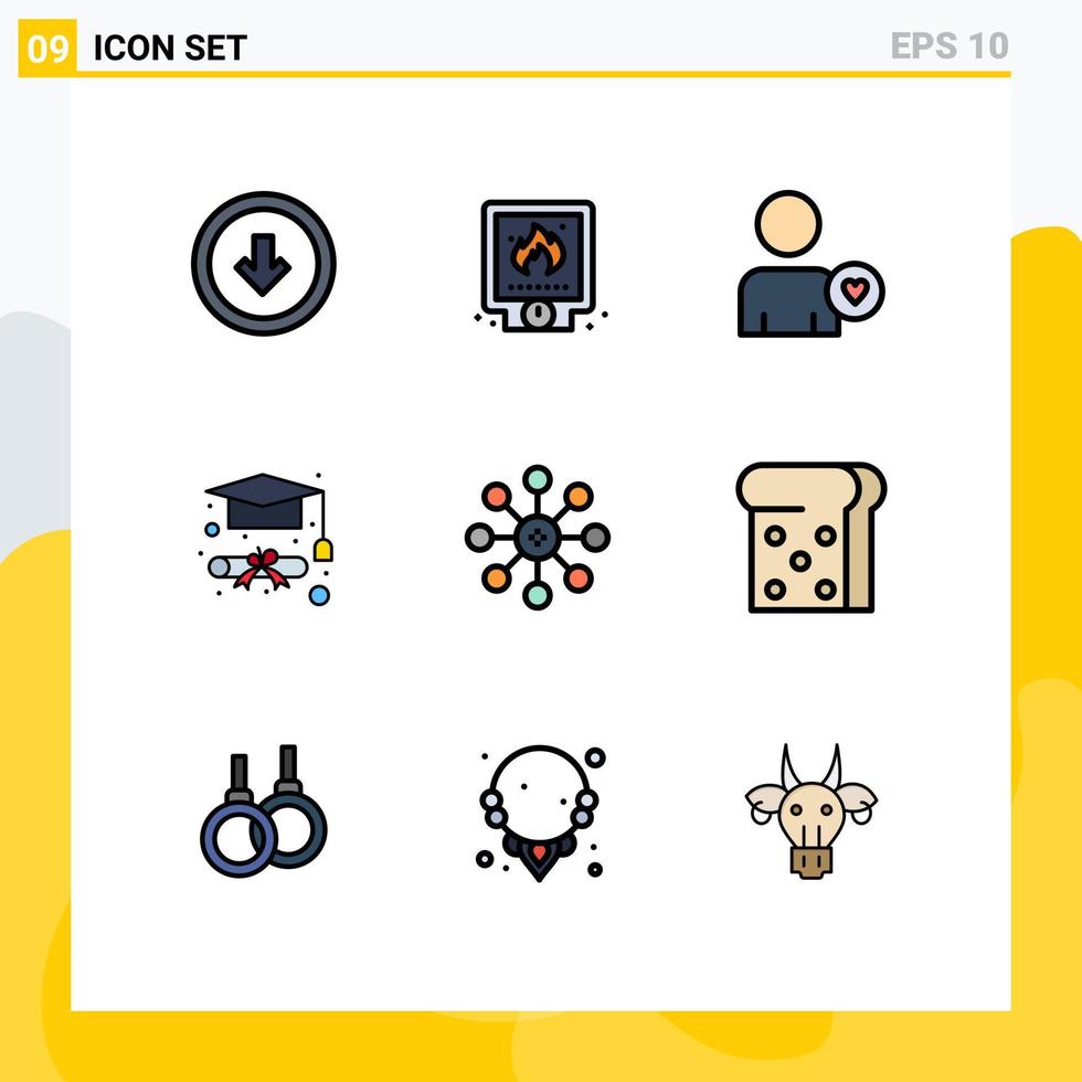 conjunto de 9 iconos de interfaz de usuario modernos símbolos signos para sistema de gorra de graduación de biología elementos de diseño de vector editables de corazón de graduación