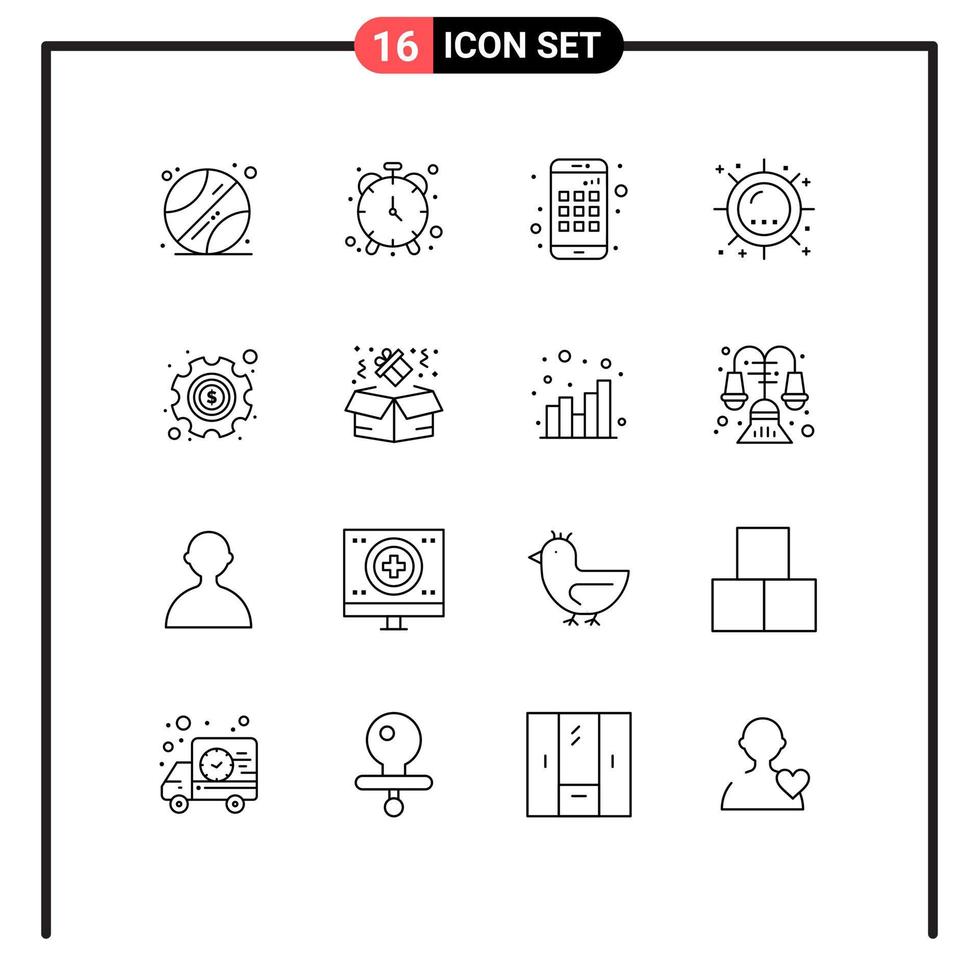 Modern Set of 16 Outlines and symbols such as options gear device sunshine sun Editable Vector Design Elements