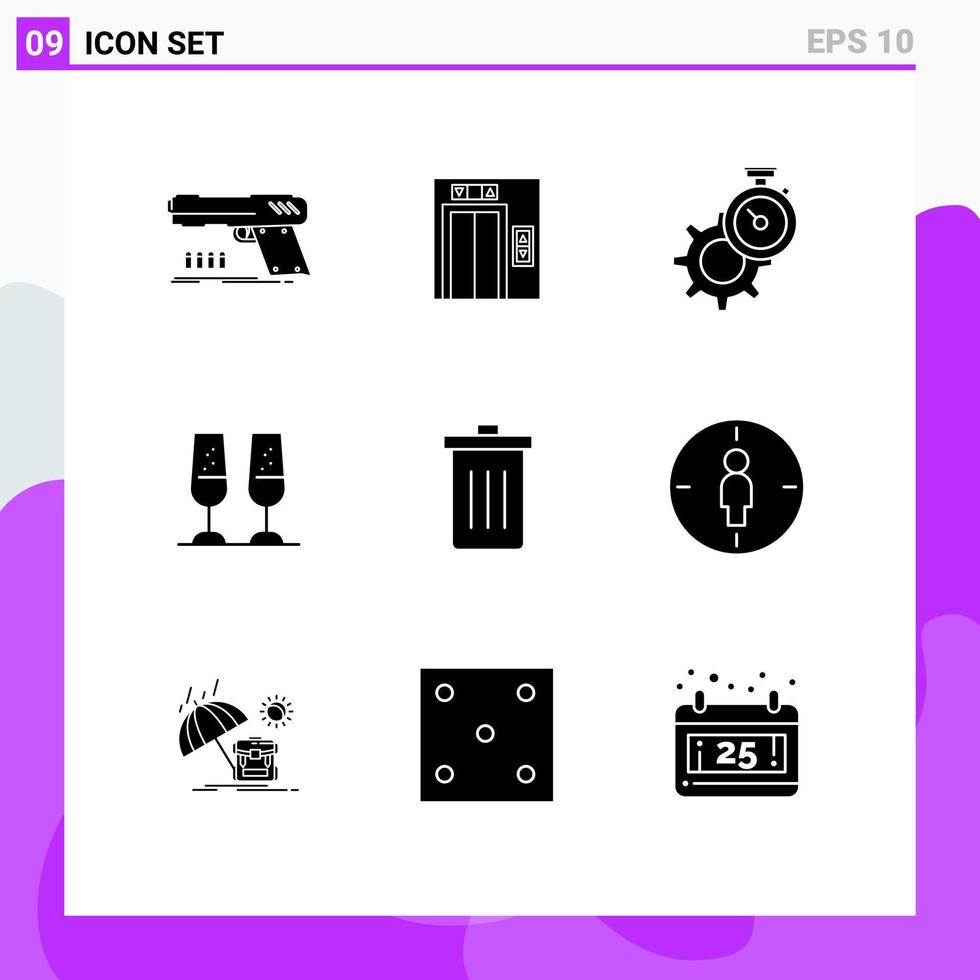 Universal Icon Symbols Group of 9 Modern Solid Glyphs of basket cheers timer champagne glasses watch Editable Vector Design Elements