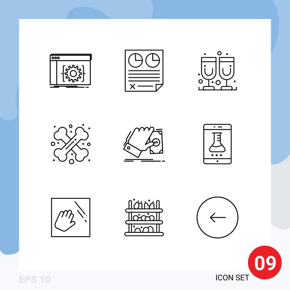 Universal Icon Symbols Group of 9 Modern Outlines of sign crossed paper cross bone juice glass Editable Vector Design Elements