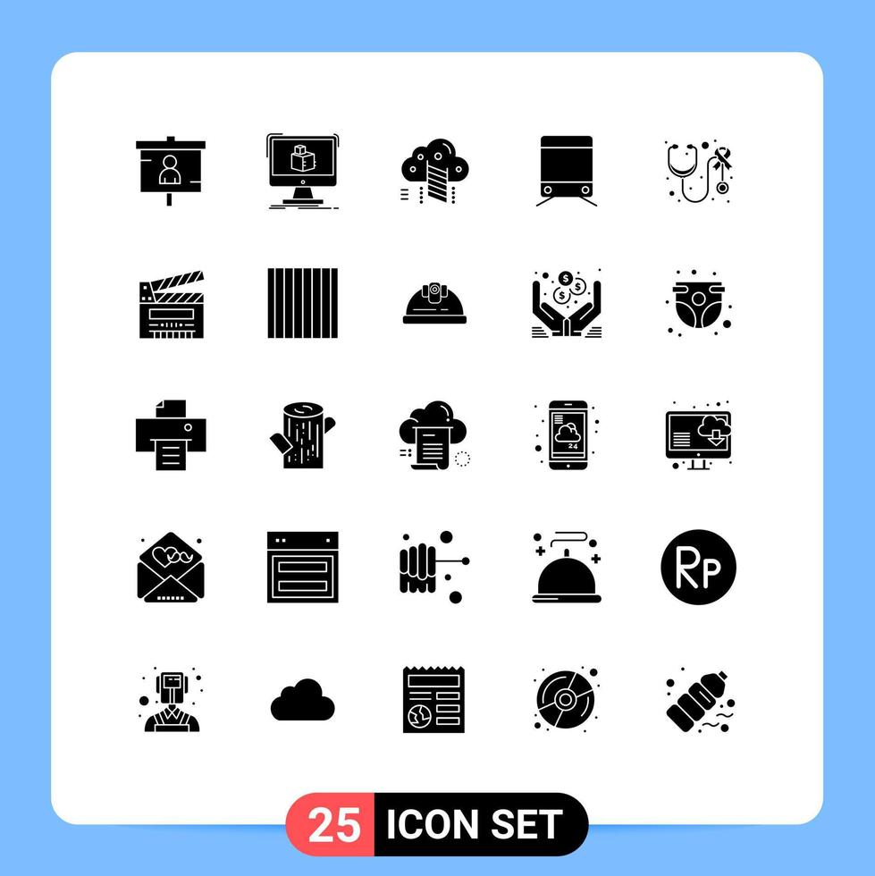 Mobile Interface Solid Glyph Set of 25 Pictograms of stethoscope transport sketch train data Editable Vector Design Elements