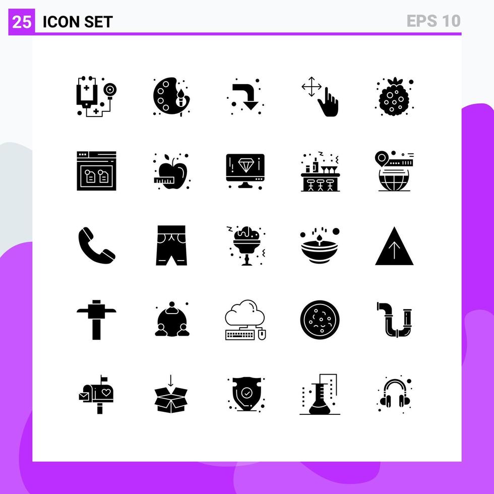 25 Universal Solid Glyph Signs Symbols of raspberry food arrows berry gesture Editable Vector Design Elements