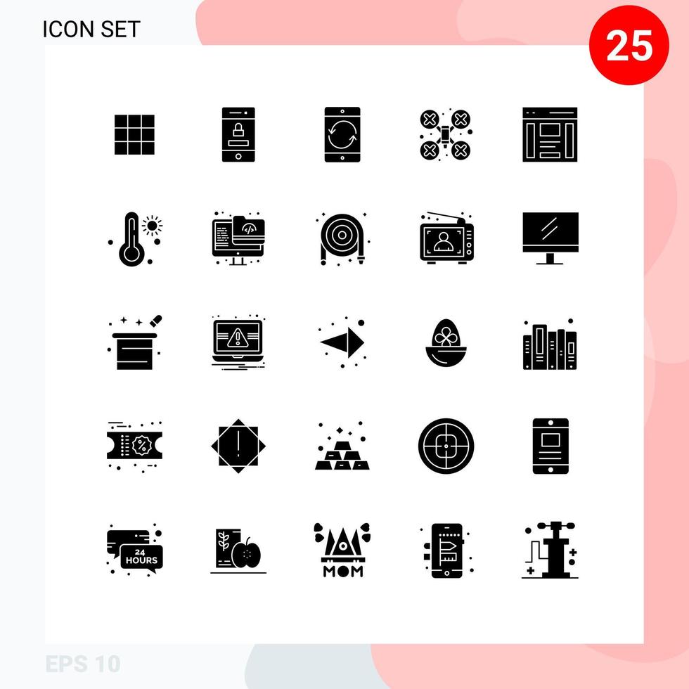 Pack of 25 Modern Solid Glyphs Signs and Symbols for Web Print Media such as communication drone camera arrow camera mobile Editable Vector Design Elements