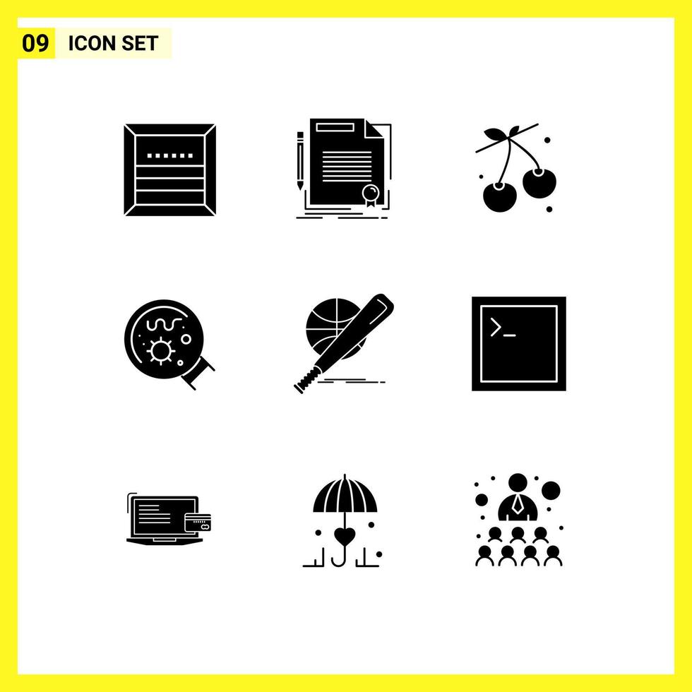 Group of 9 Modern Solid Glyphs Set for science laboratory document germs food Editable Vector Design Elements