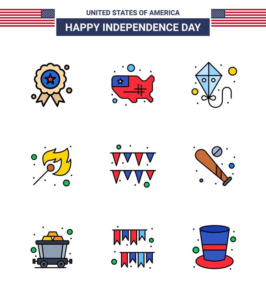 Happy Independence Day Pack of 9 Flat Filled Lines Signs and Symbols for paper festival kite outdoor fire Editable USA Day Vector Design Elements