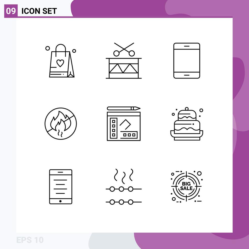 Stock Vector Icon Pack of 9 Line Signs and Symbols for notebook construction devices fire no fire Editable Vector Design Elements