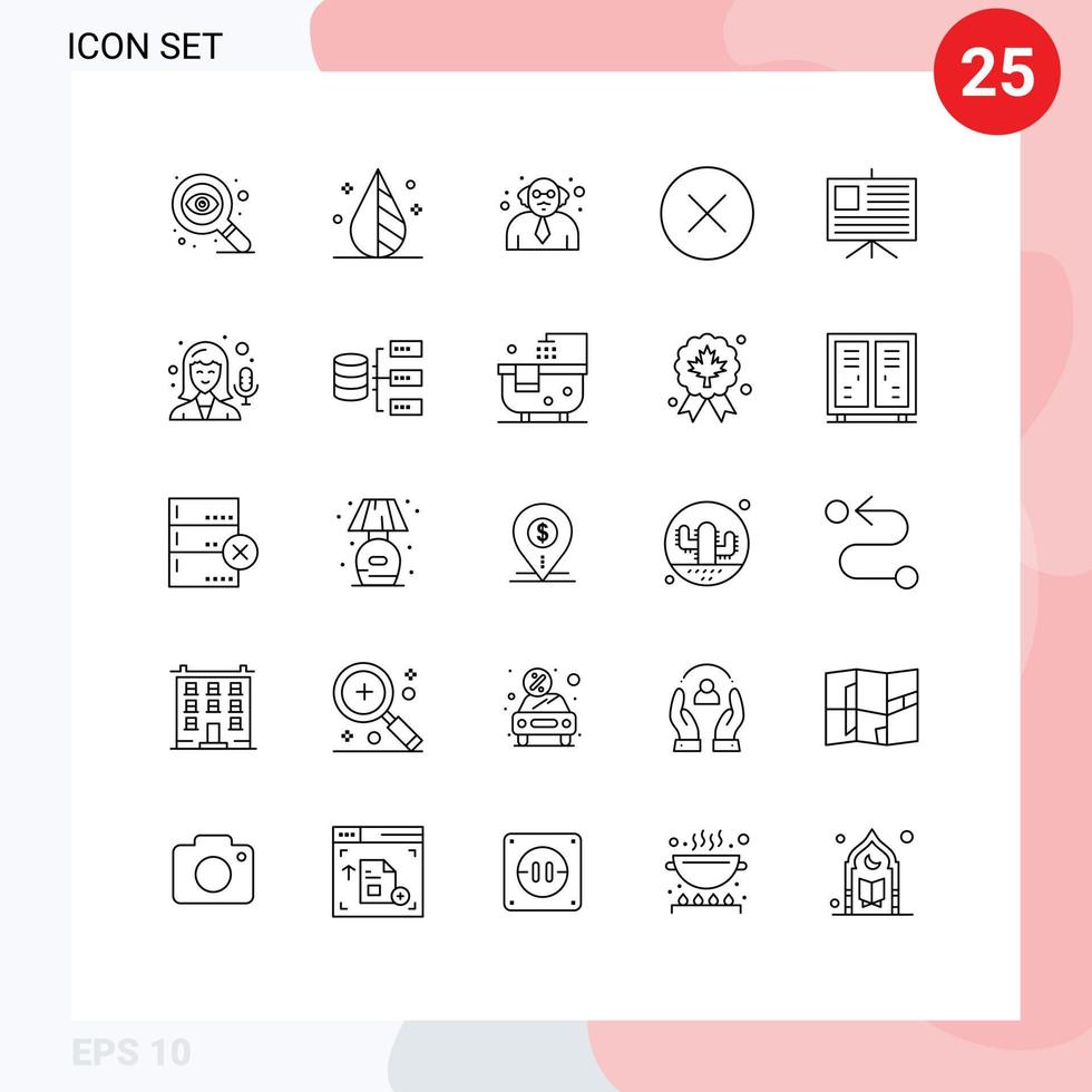 Mobile Interface Line Set of 25 Pictograms of microphone presentation teacher business hide Editable Vector Design Elements