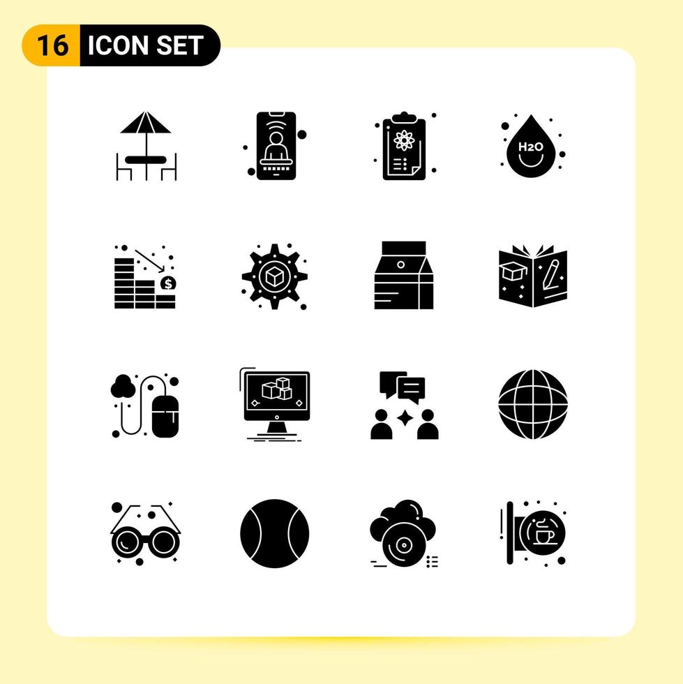 Set of 16 Vector Solid Glyphs on Grid for decrease water clipboard ho beverage Editable Vector Design Elements