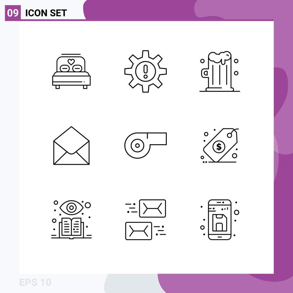 Pictogram Set of 9 Simple Outlines of whistle message risk mail sms Editable Vector Design Elements