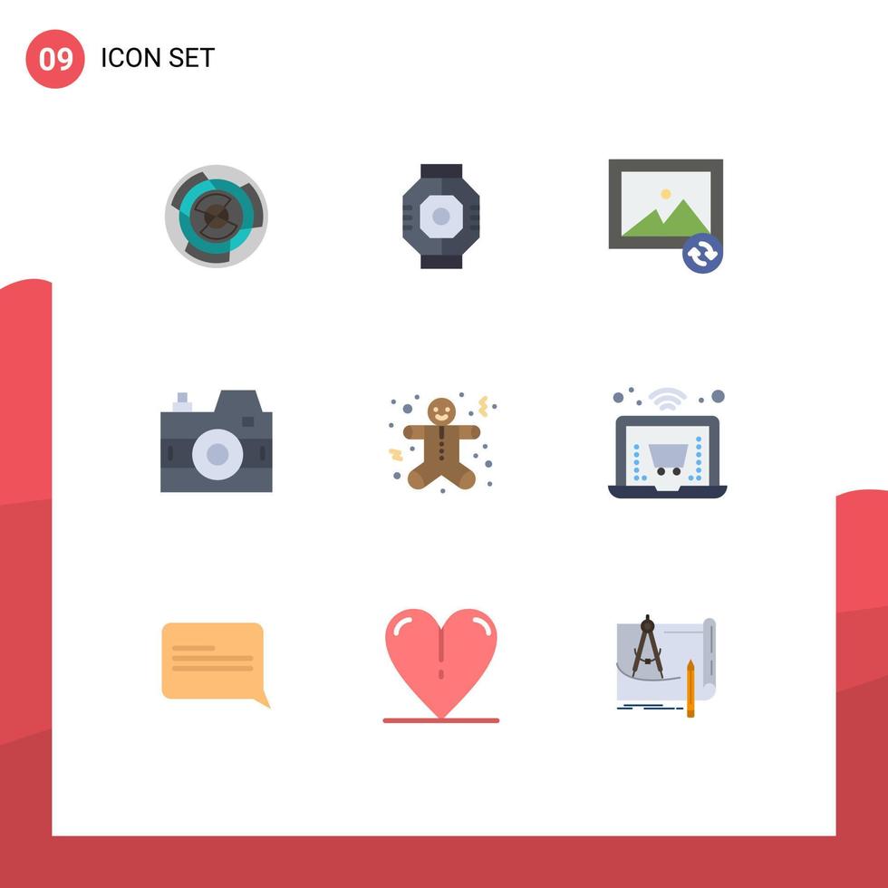 paquete de 9 signos y símbolos modernos de colores planos para medios de impresión web, como elementos de diseño de vectores editables de imágenes de sincronización de cápsulas de cámaras fotográficas