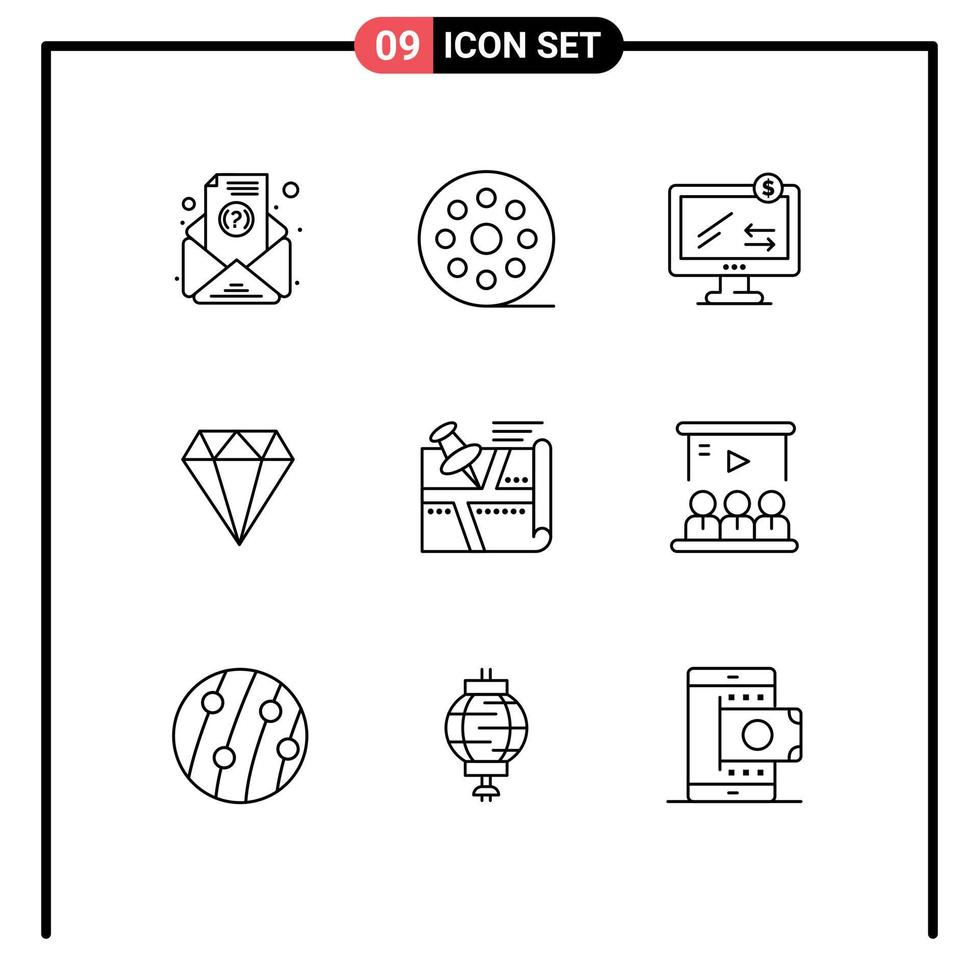 Group of 9 Outlines Signs and Symbols for position location monitor gam jewel Editable Vector Design Elements