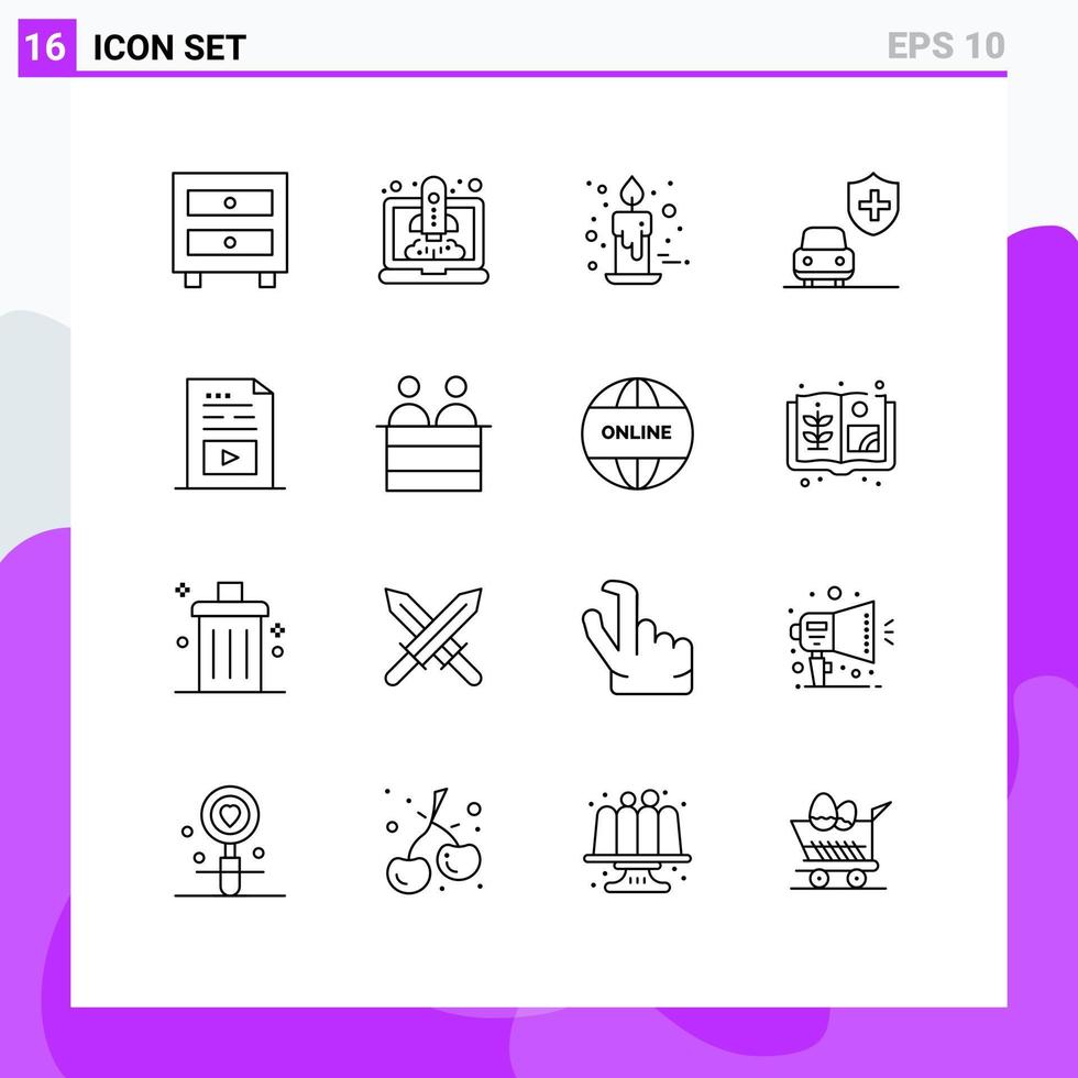 Modern Set of 16 Outlines Pictograph of file security candle insurance red Editable Vector Design Elements