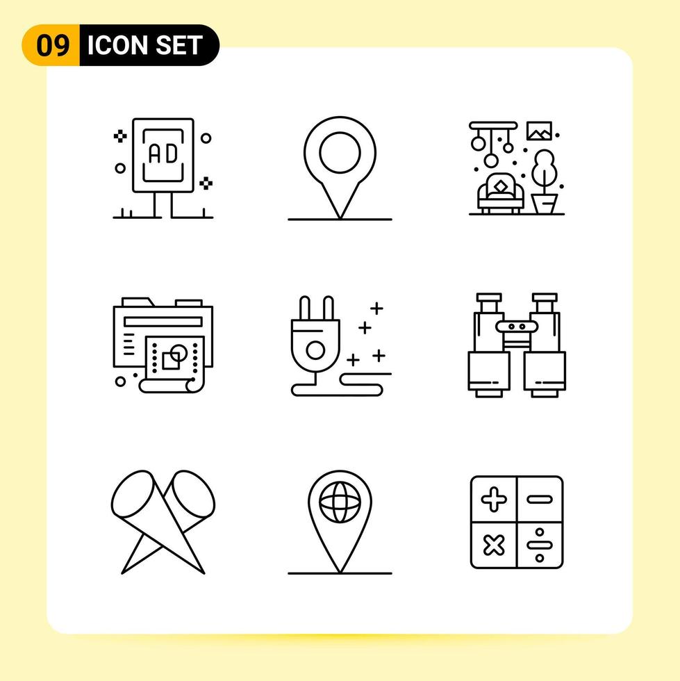 9 iconos creativos para el diseño moderno de sitios web y aplicaciones móviles receptivas 9 símbolos de contorno signos sobre fondo blanco paquete de 9 iconos vector