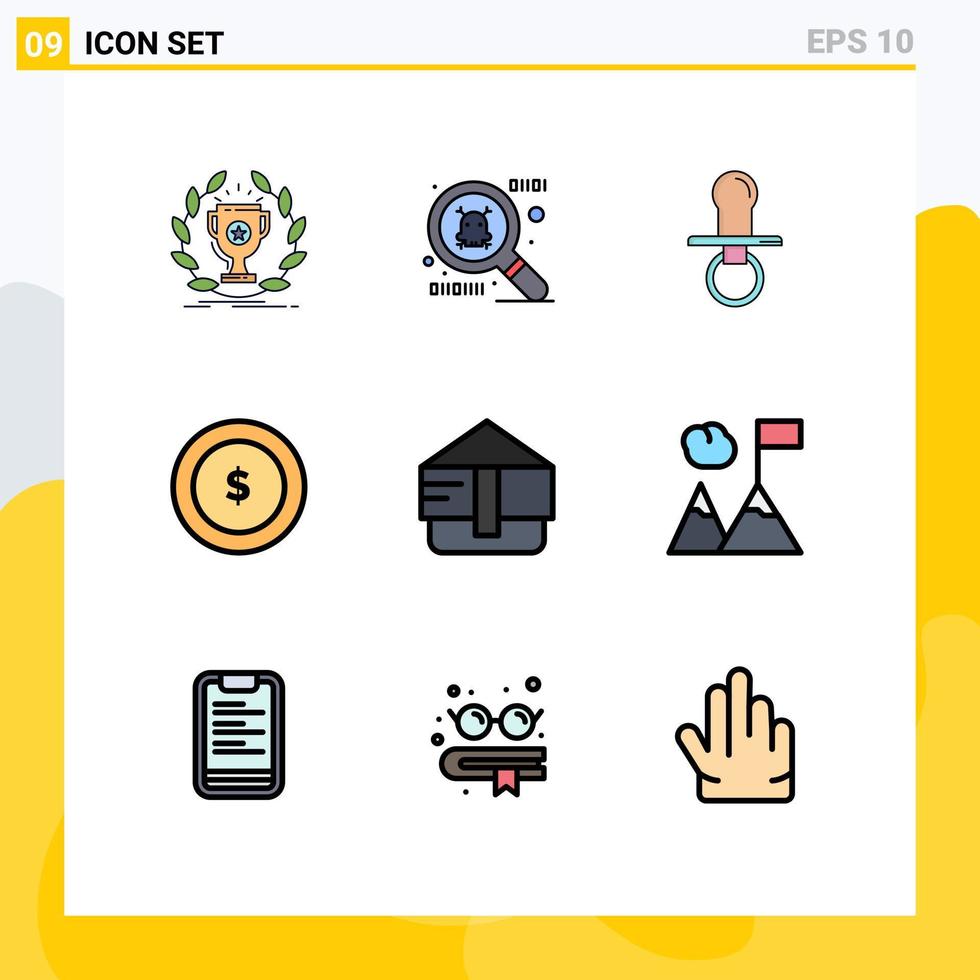 Pack of 9 Modern Filledline Flat Colors Signs and Symbols for Web Print Media such as business fashion dummy bag dollar Editable Vector Design Elements
