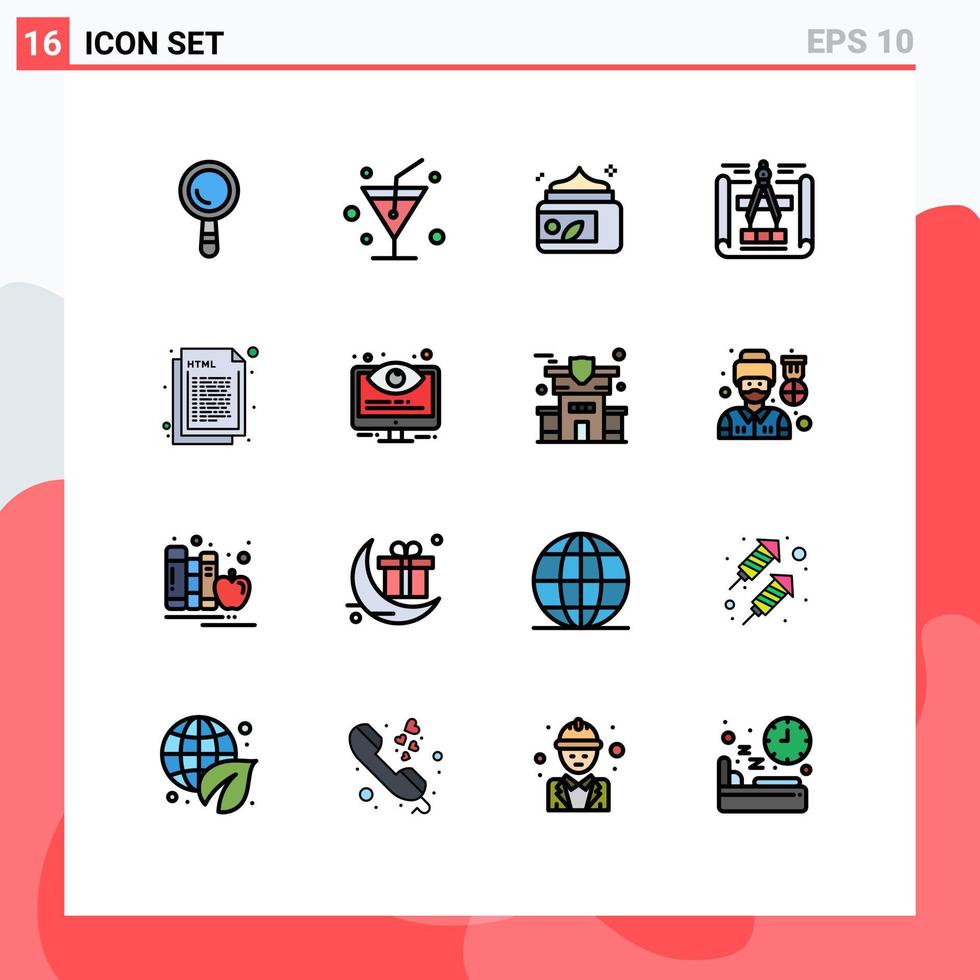 conjunto de pictogramas de 16 líneas llenas de colores planos simples de configuración web spa codificación html elementos de diseño de vectores creativos editables
