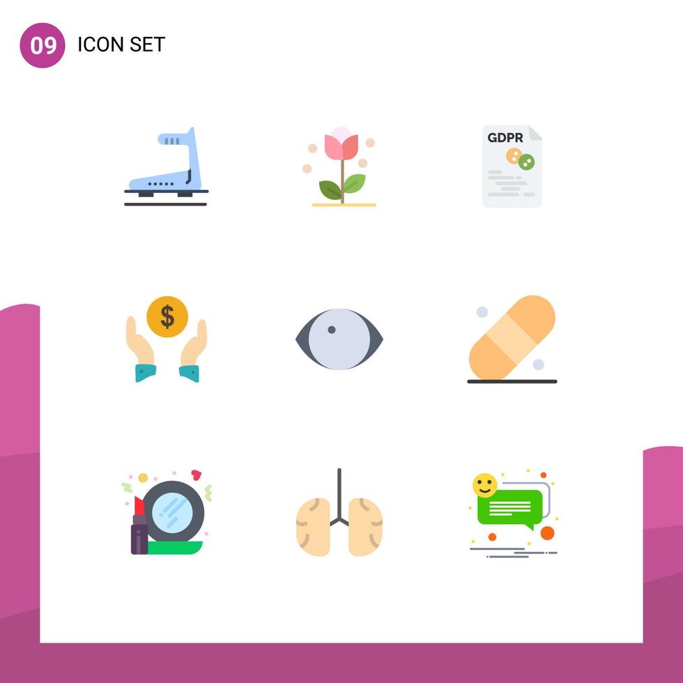 9 User Interface Flat Color Pack of modern Signs and Symbols of protection finance insurance spring insurance gdpr Editable Vector Design Elements