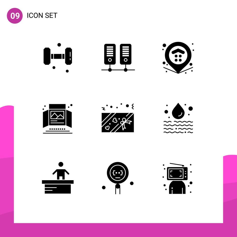 Pictogram Set of 9 Simple Solid Glyphs of love tabletop display map print ad advertisement Editable Vector Design Elements