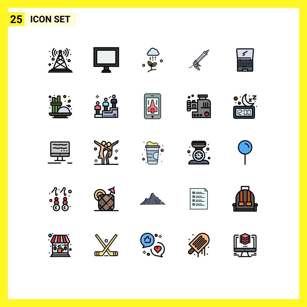 Modern Set of 25 Filled line Flat Colors Pictograph of utensils repair cloud rain gun rain Editable Vector Design Elements