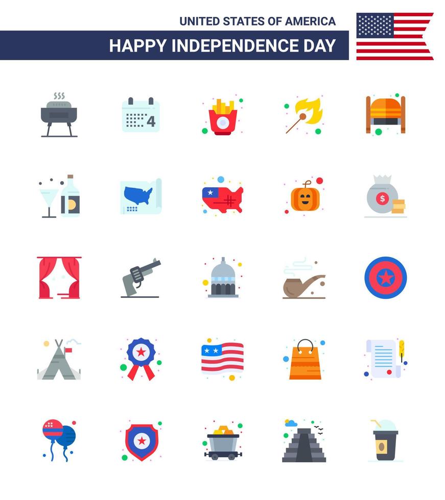 Set of 25 Vector Flats on 4th July USA Independence Day such as doors outdoor fast match camping Editable USA Day Vector Design Elements