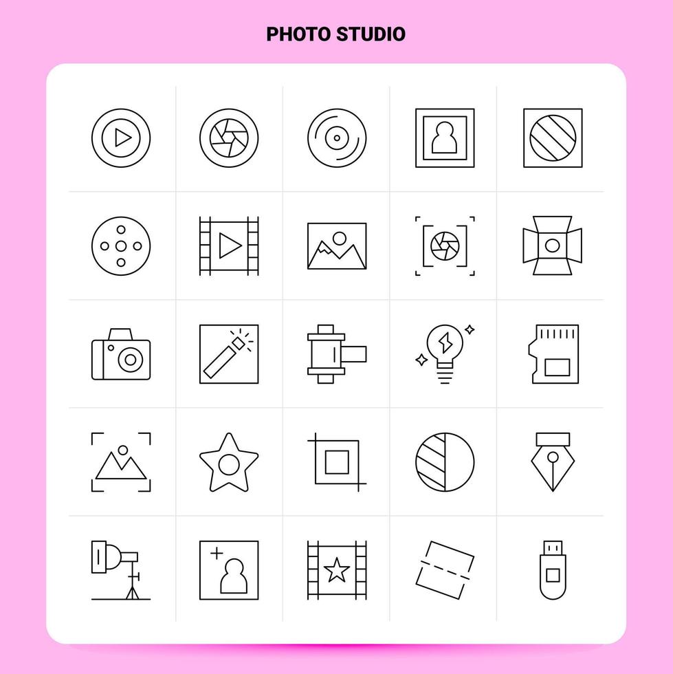 OutLine 25 Photo Studio Icon set Vector Line Style Design Black Icons Set Linear pictogram pack Web and Mobile Business ideas design Vector Illustration