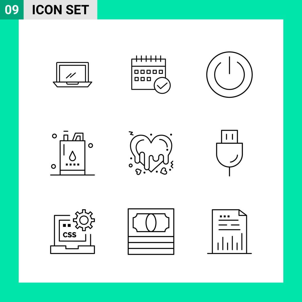 paquete de 9 iconos de estilo de línea establece símbolos de esquema para imprimir signos creativos aislados en fondo blanco 9 conjunto de iconos vector