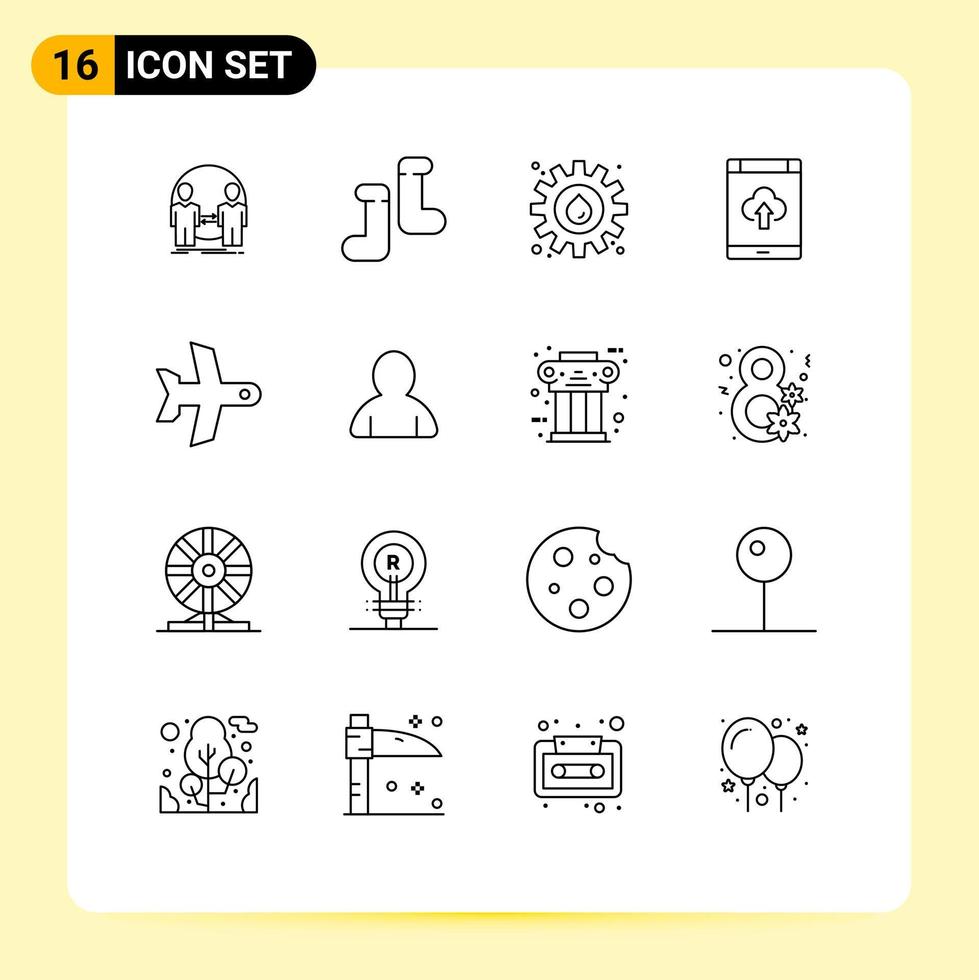 16 Universal Outlines Set for Web and Mobile Applications takeoff upload gear storage cloud Editable Vector Design Elements