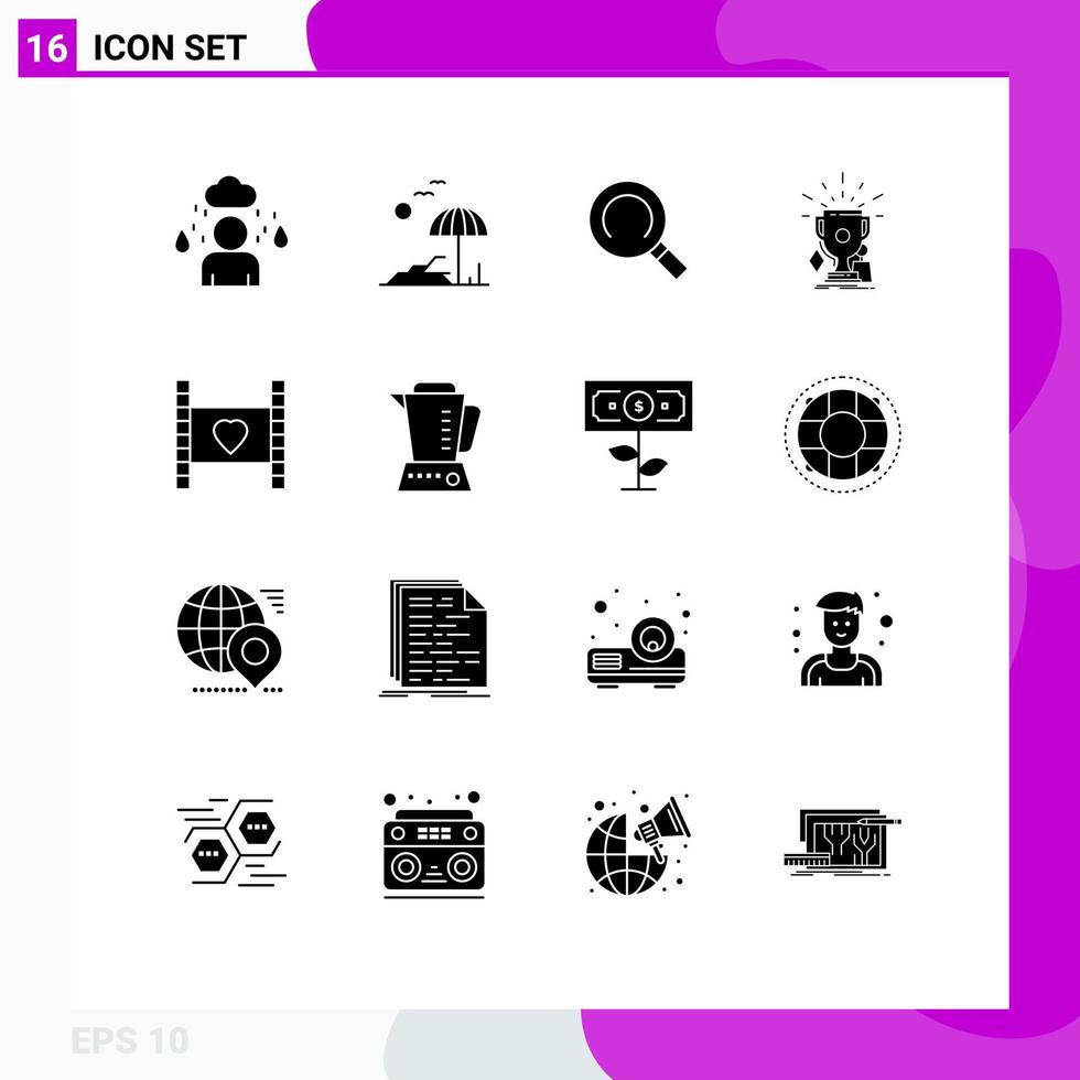 Pack of 16 Modern Solid Glyphs Signs and Symbols for Web Print Media such as honeymoon film magnifier winner sport Editable Vector Design Elements