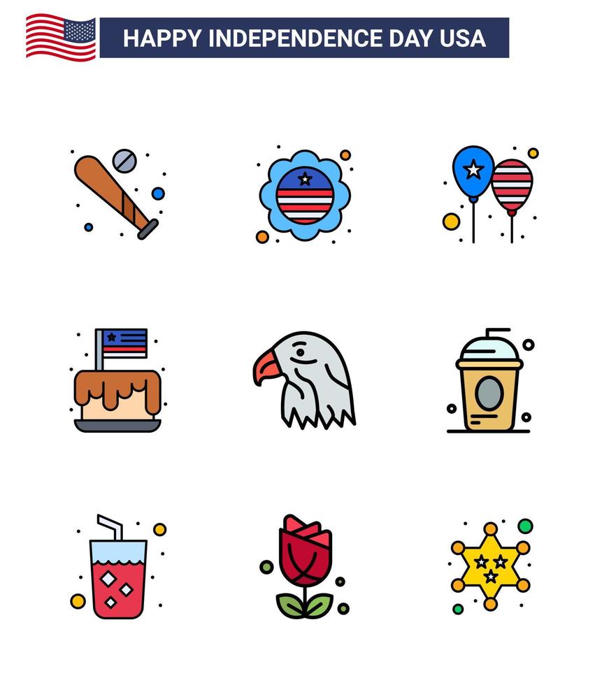 Set of 9 Modern Flat Filled Lines pack on USA Independence Day party cake badge festival party Editable USA Day Vector Design Elements
