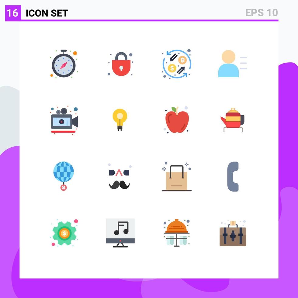 Modern Set of 16 Flat Colors and symbols such as bulb movie currency exchange camera person Editable Pack of Creative Vector Design Elements