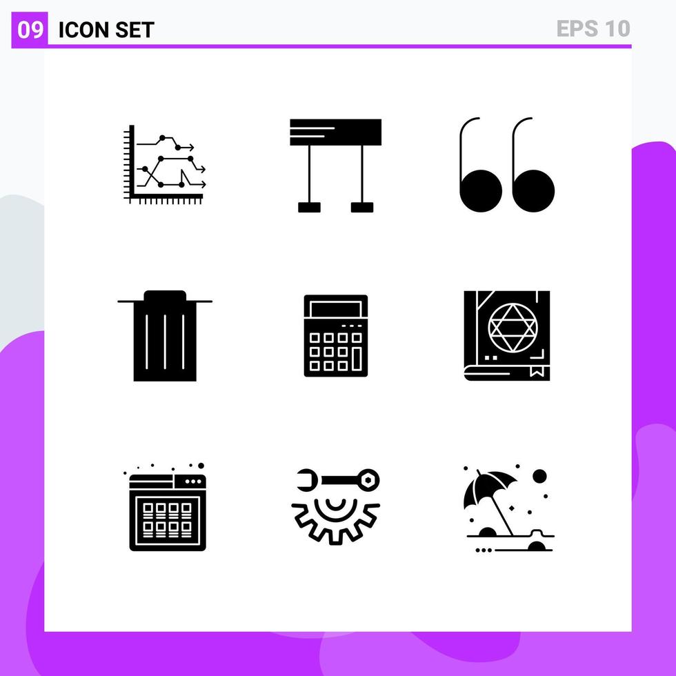 Modern Set of 9 Solid Glyphs Pictograph of math calculator race trash delete Editable Vector Design Elements