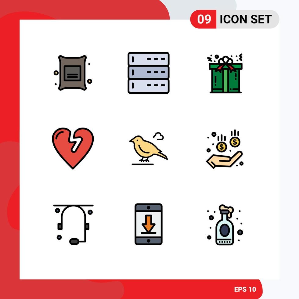 Modern Set of 9 Filledline Flat Colors Pictograph of small bird christmas love heart attack Editable Vector Design Elements